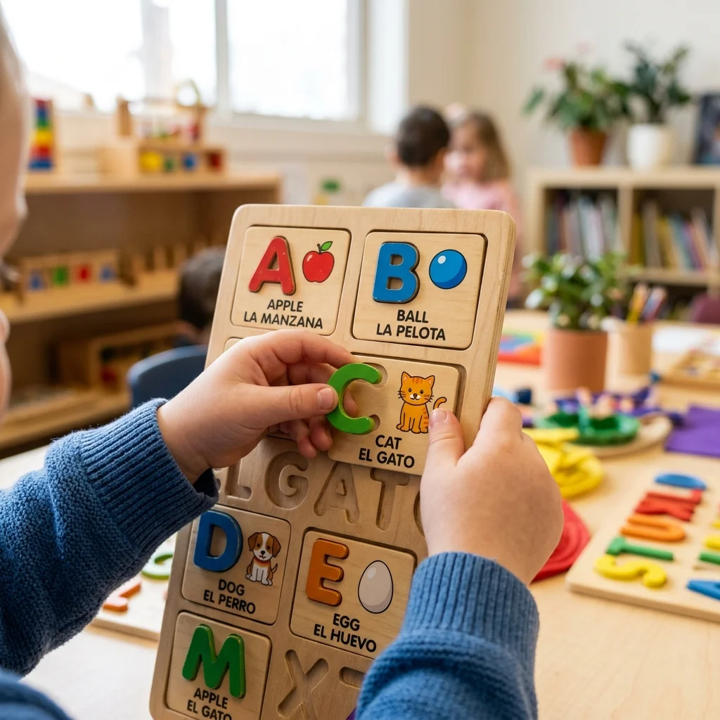 Toddler holding a wooden Montessori language puzzle with Spanish letters in a preschool classroom