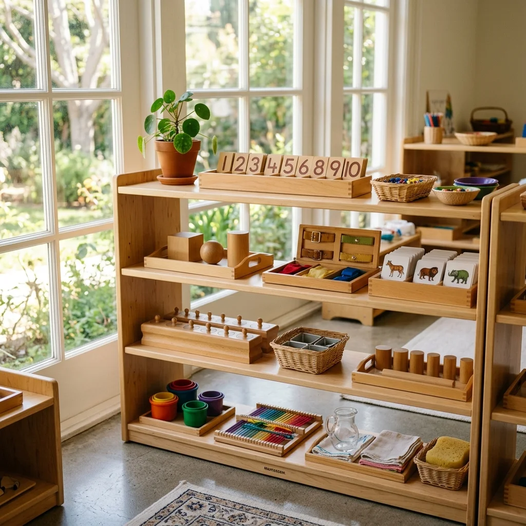 Close up of a Montessori classroom shelf in a Culver City preschool with organized wooden educational materials