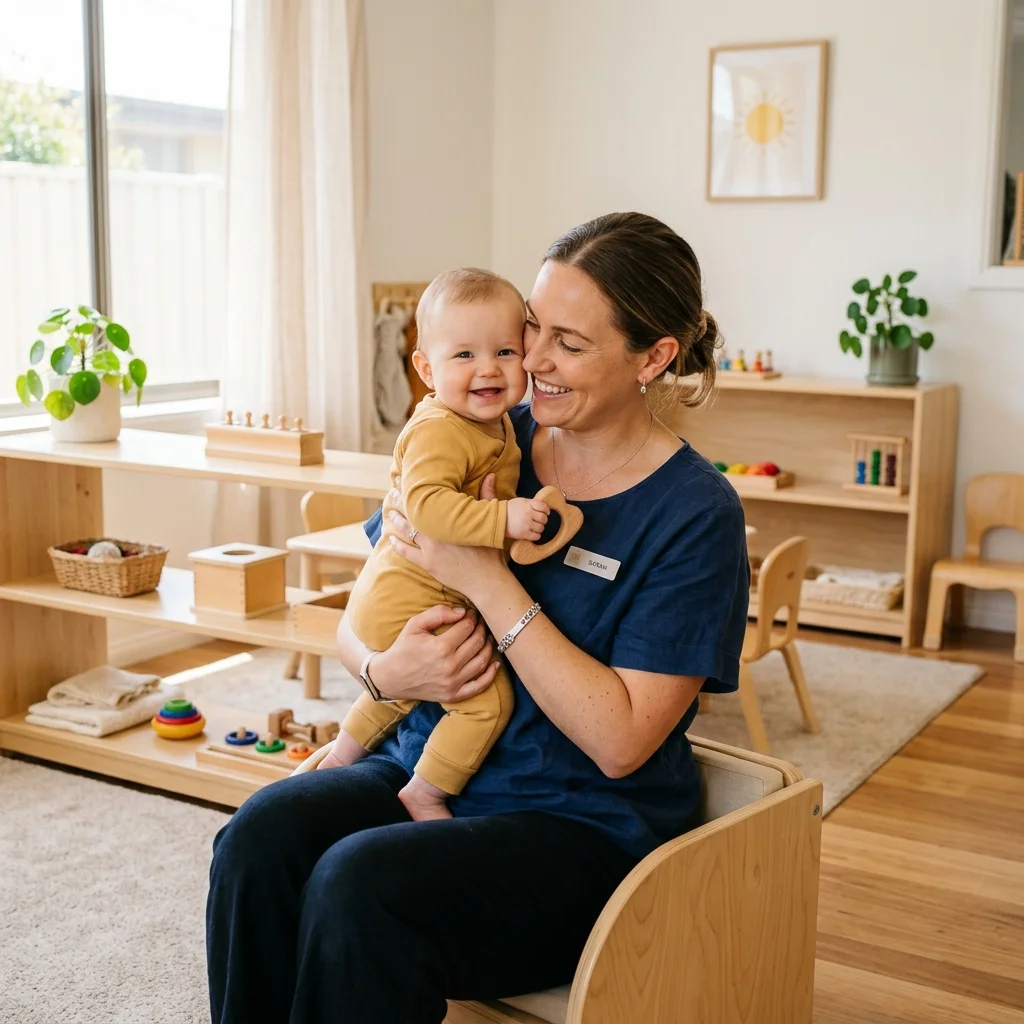 Montessori infant teacher holding a baby in a clean Nido care environment with natural wooden materials
