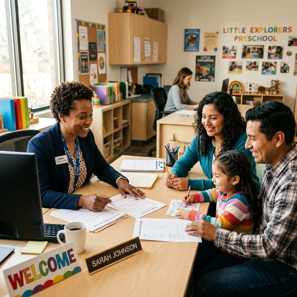 Latino family reviewing enrollment paperwork with a Montessori Academy Downey admissions director