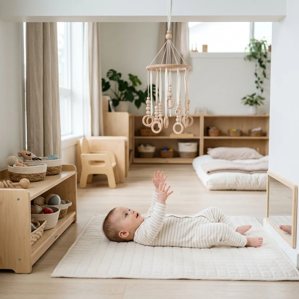 Montessori Nido infant environment with baby reaching for a wooden mobile on a clean floor mat