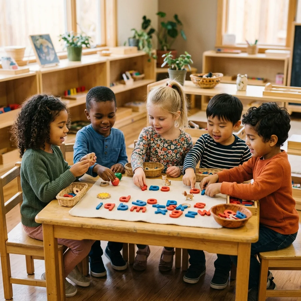 Mixed-age Montessori children collaborating on a language activity in a sunny Los Angeles classroom