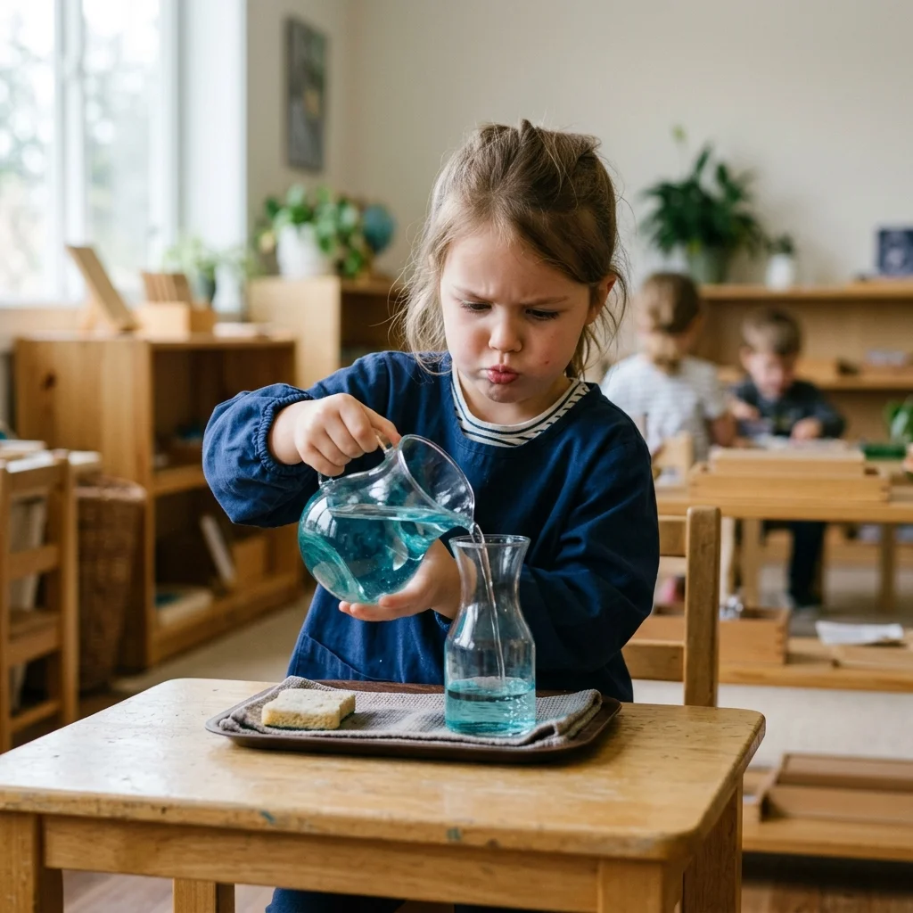 Child in deep concentration pouring water in a Montessori practical life exercise