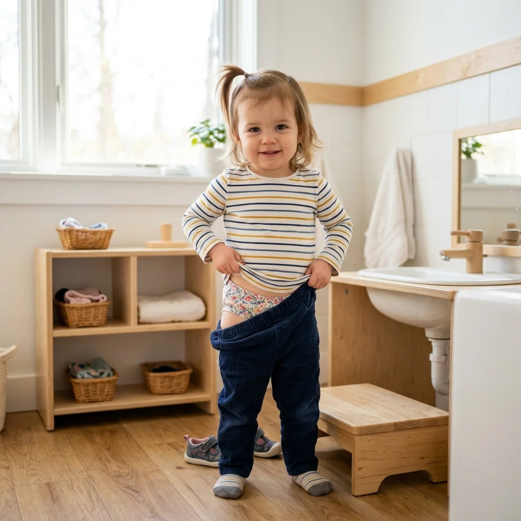 Toddler independently managing their own clothing in a Montessori bathroom, demonstrating practical life independence