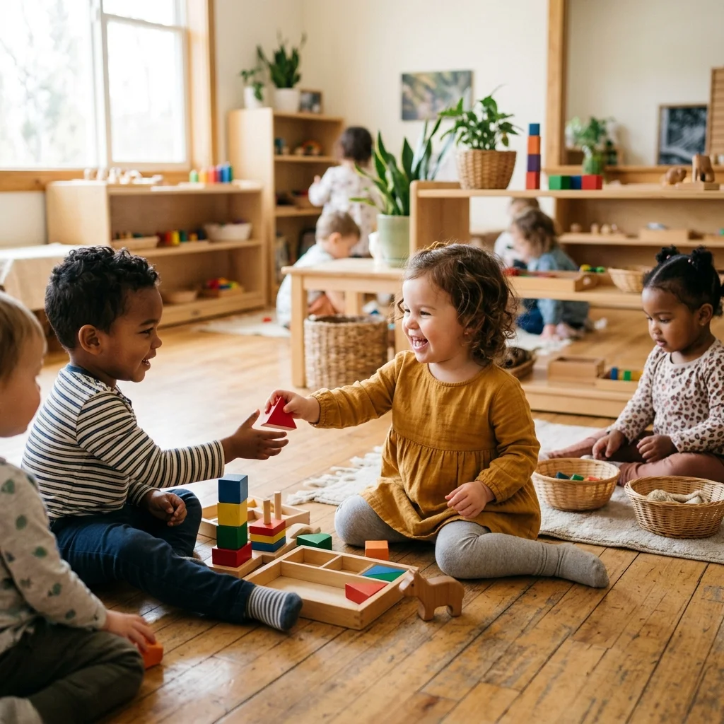 Diverse toddlers playing alongside each other in a bright Montessori toddler room in Los Angeles