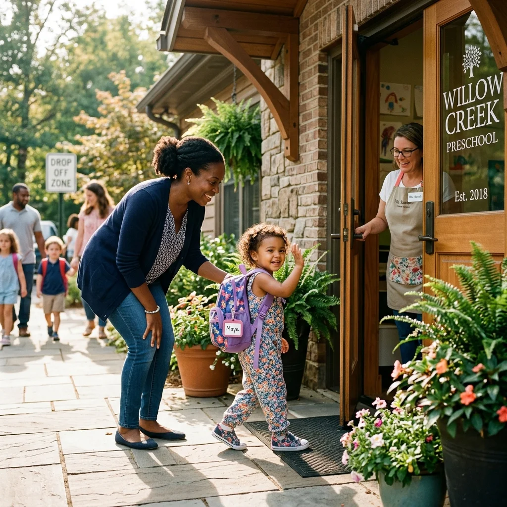 Toddler confidently walking into preschool while waving goodbye to parent at the door